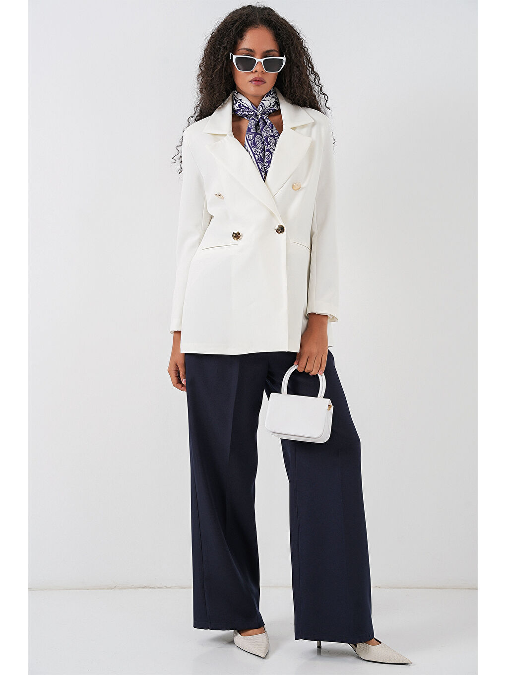 Kadın Kruvaze Yaka Blazer Ceket 0722 - Beyaz-1