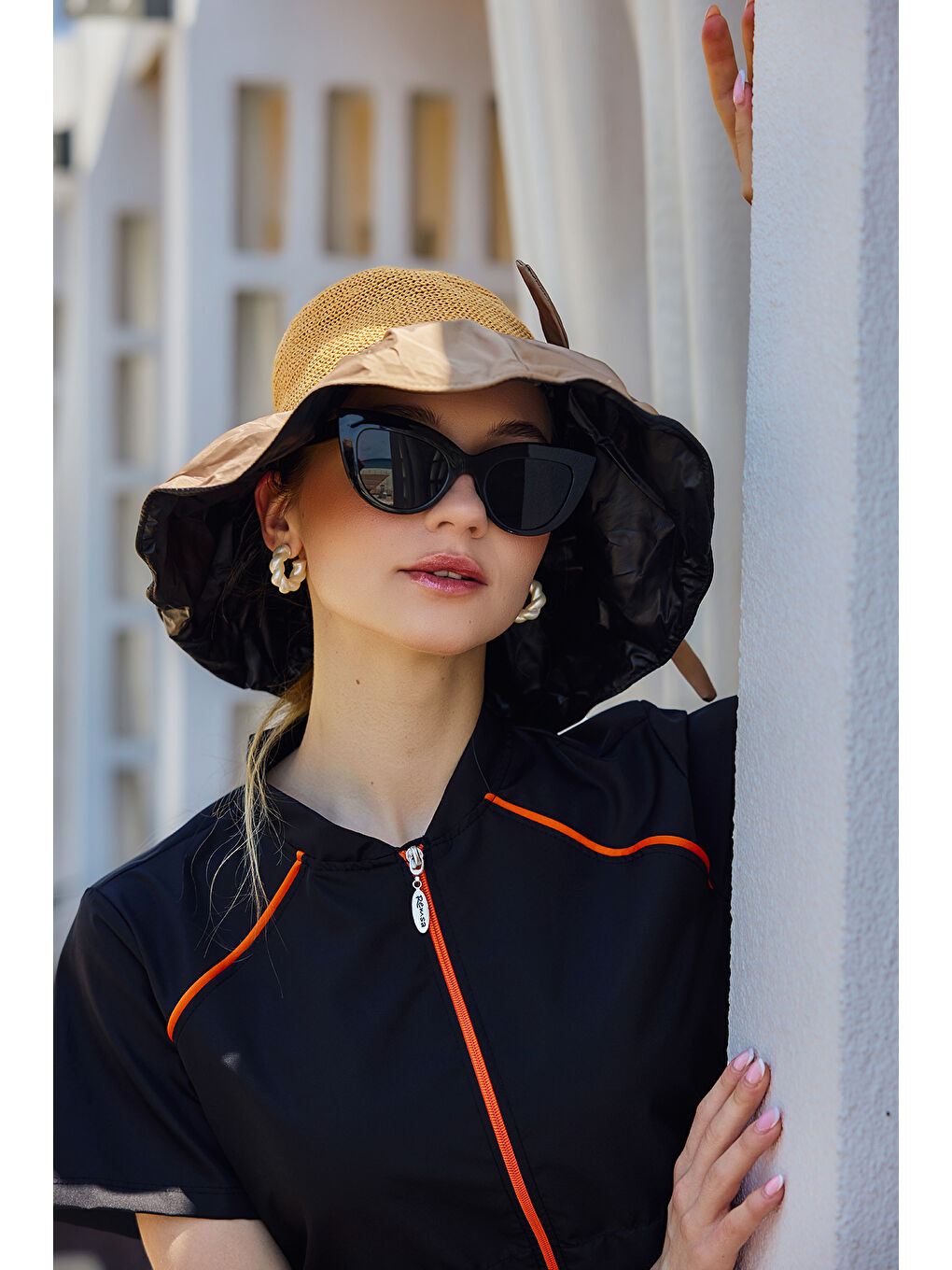 Kahverengi Örme ve Kumaş Detaylı Şapka Güneş Koruyucu Plaj Şapkası RŞ-2111 Camel01-3