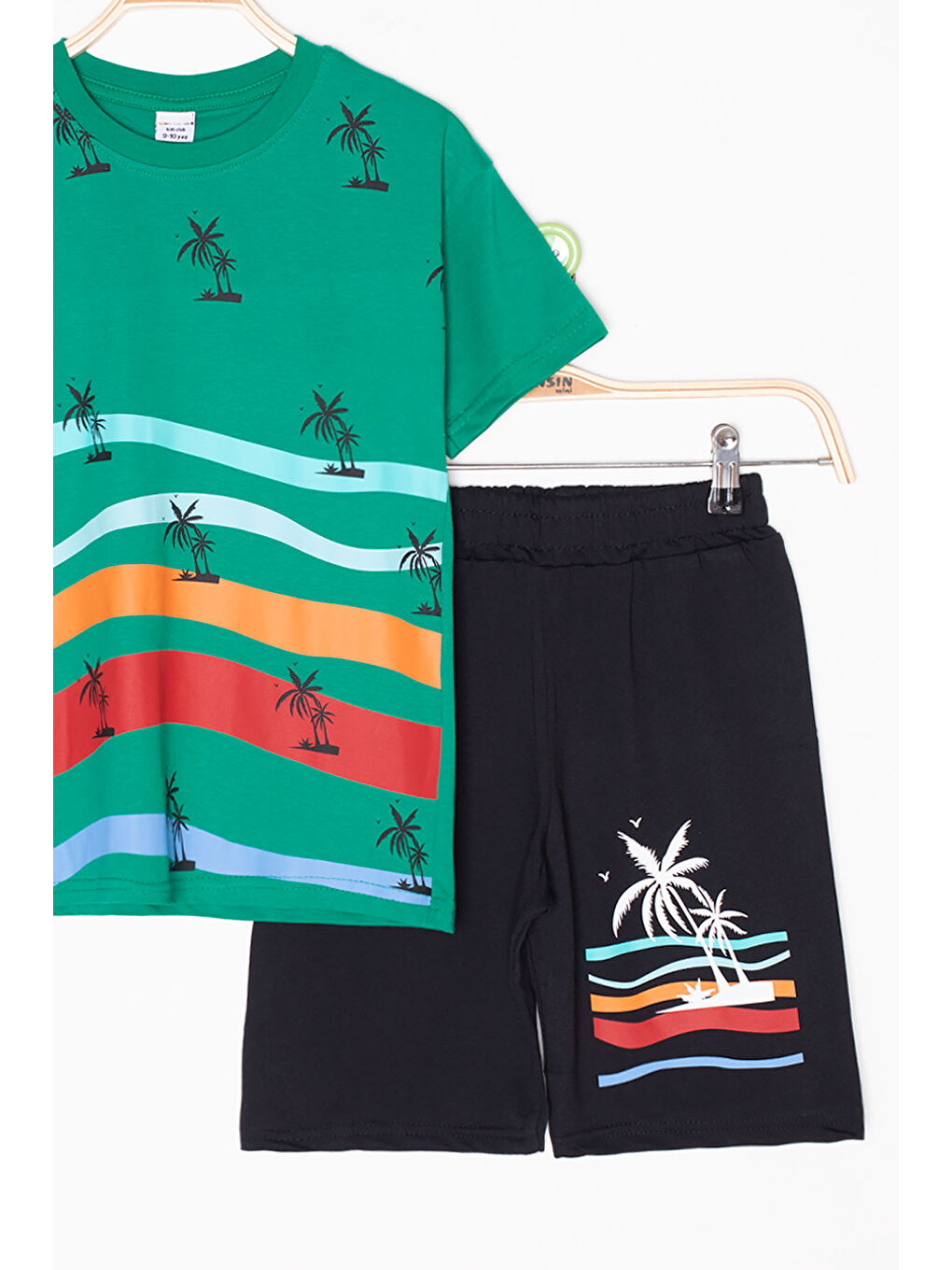 Yeşil Palmiye Desenli Bisiklet Yaka Erkek Çocuk Şortlu Takım 20629-1