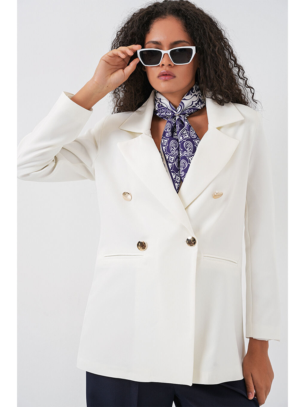 Kadın Kruvaze Yaka Blazer Ceket 0722 - Beyaz-2