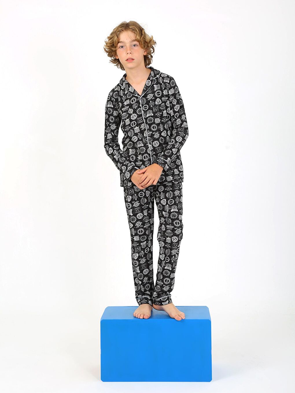 Vitmo Siyah Erkek Çocuk Uzun Kollu %100 Pamuklu Düğmeli Pijama Takımı Arma Uzun - 2