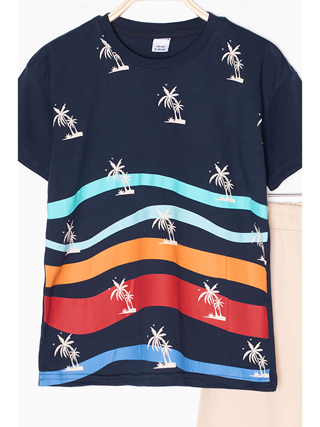 Lacivert Palmiye Desenli Bisiklet Yaka Erkek Çocuk Şortlu Takım 20627-1