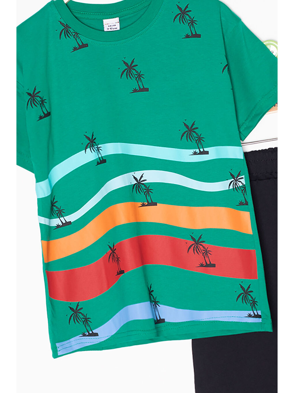 Yeşil Palmiye Desenli Bisiklet Yaka Erkek Çocuk Şortlu Takım 20629-2