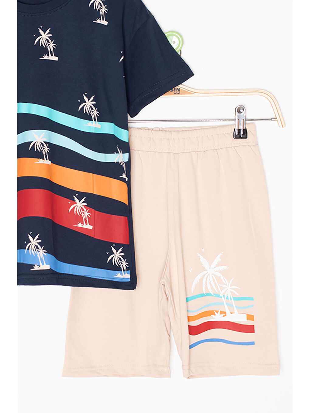 Lacivert Palmiye Desenli Bisiklet Yaka Erkek Çocuk Şortlu Takım 20627-2