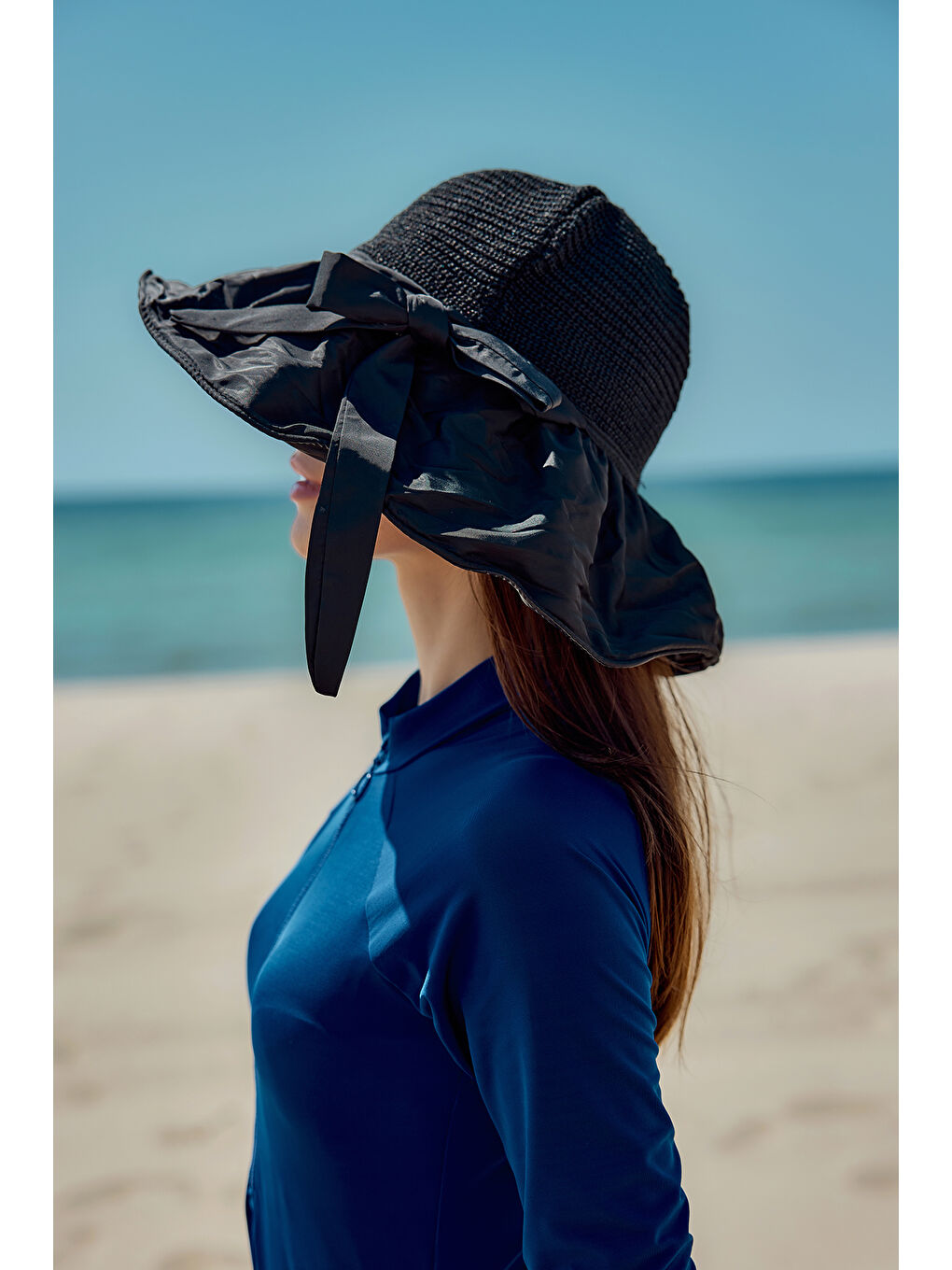 Örme ve Kumaş Detaylı Şapka Güneş Koruyucu Plaj Şapkası RŞ-2111 Siyah-1