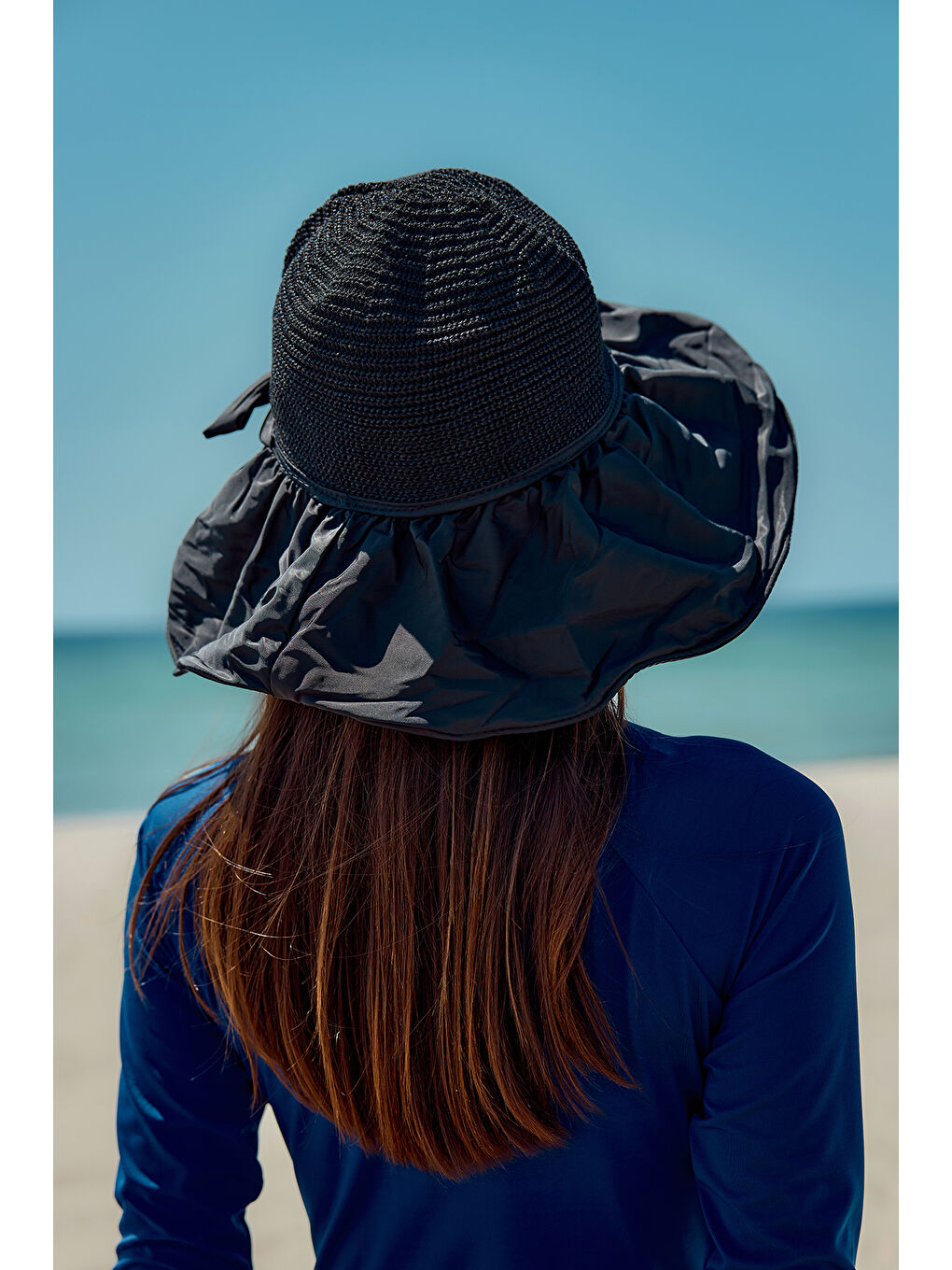 Örme ve Kumaş Detaylı Şapka Güneş Koruyucu Plaj Şapkası RŞ-2111 Siyah-2