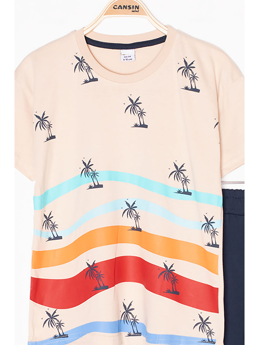 Ekru Krem Palmiye Desenli Bisiklet Yaka Erkek Çocuk Şortlu Takım 20626-1