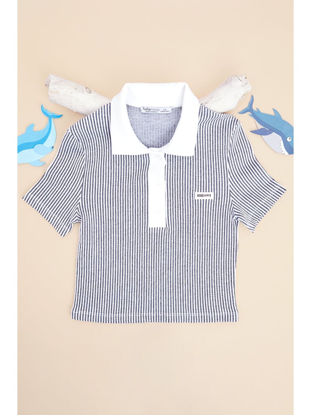 Lacivert Çizgili Polo Yaka Armalı Kız Çocuk Tişört