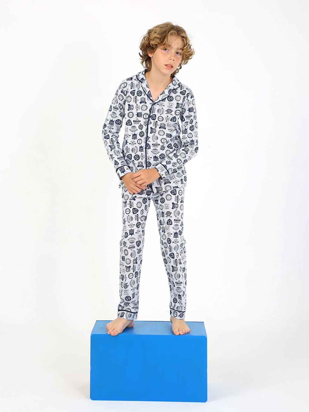 Vitmo Gri Erkek Çocuk Uzun Kollu %100 Pamuklu Düğmeli Pijama Takımı Arma Uzun - 1