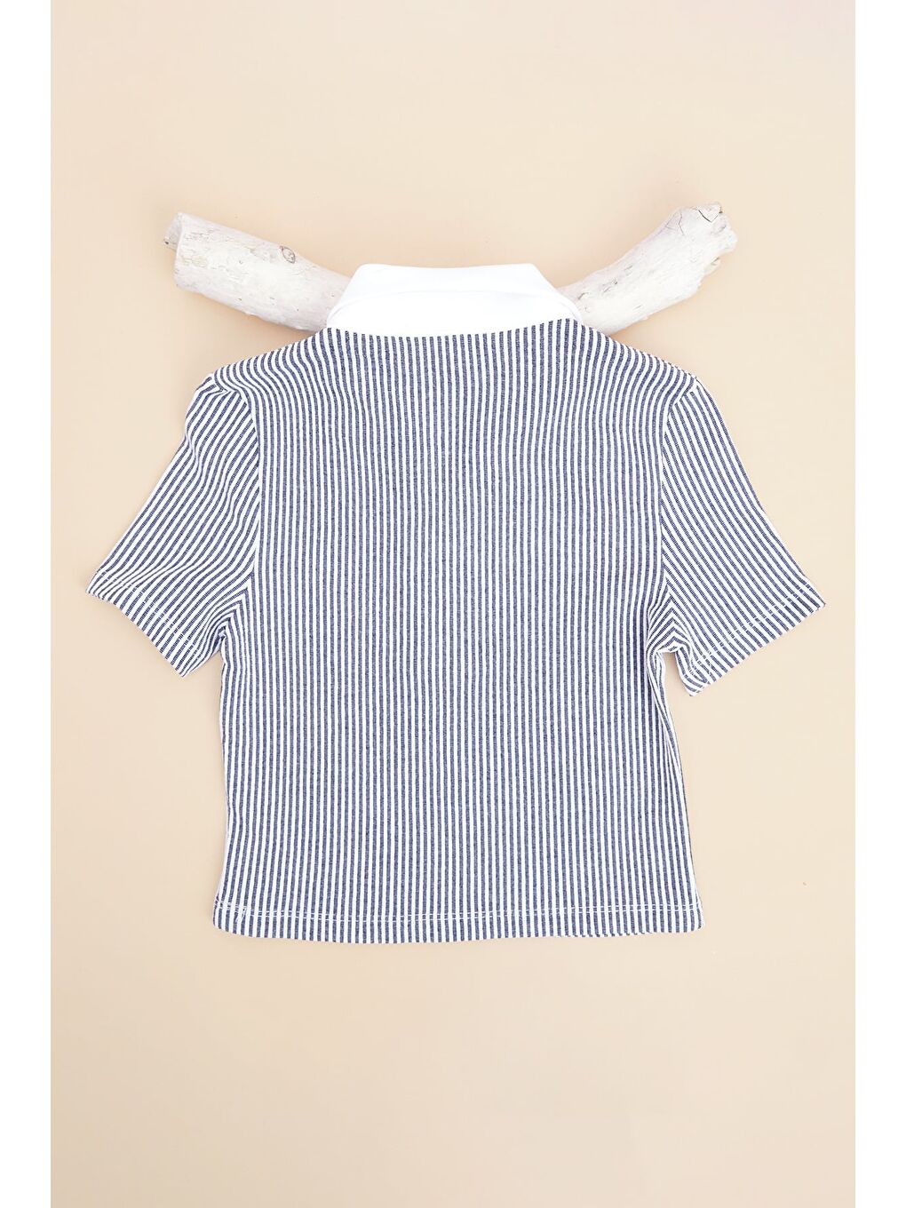 Lacivert Çizgili Polo Yaka Armalı Kız Çocuk Tişört-1
