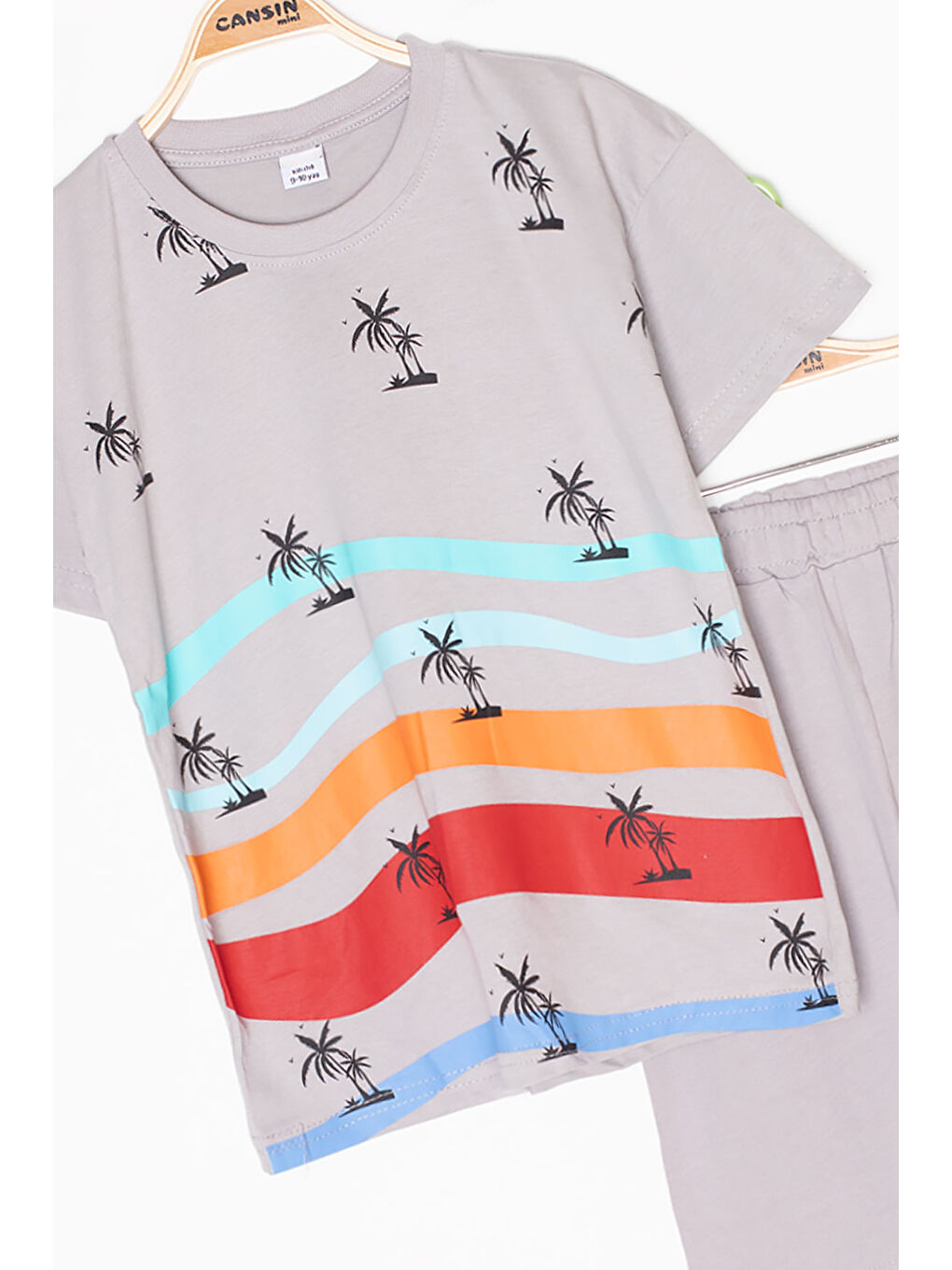 Gri Palmiye Desenli Bisiklet Yaka Erkek Çocuk Şortlu Takım 20630-1