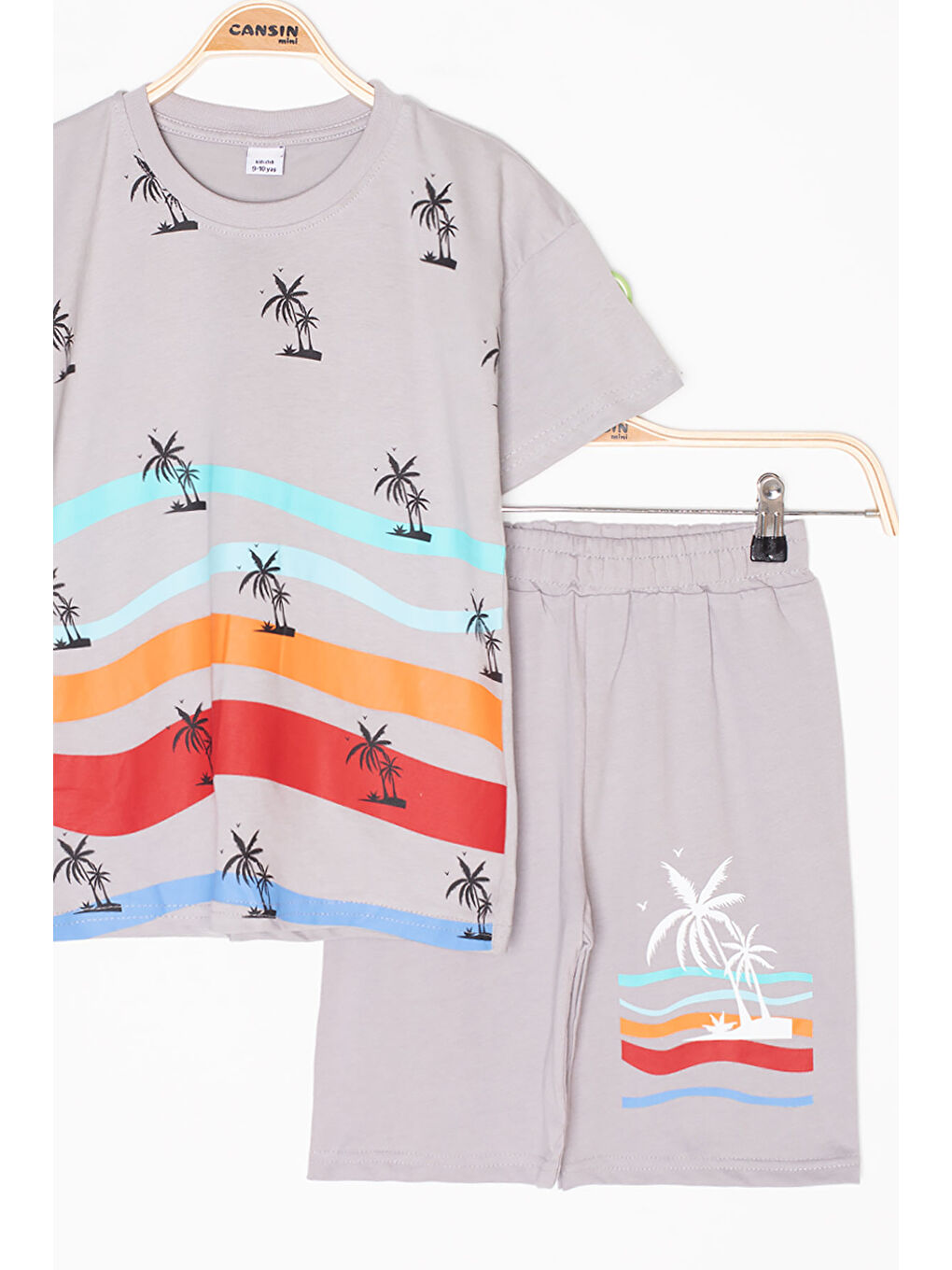 Gri Palmiye Desenli Bisiklet Yaka Erkek Çocuk Şortlu Takım 20630-2