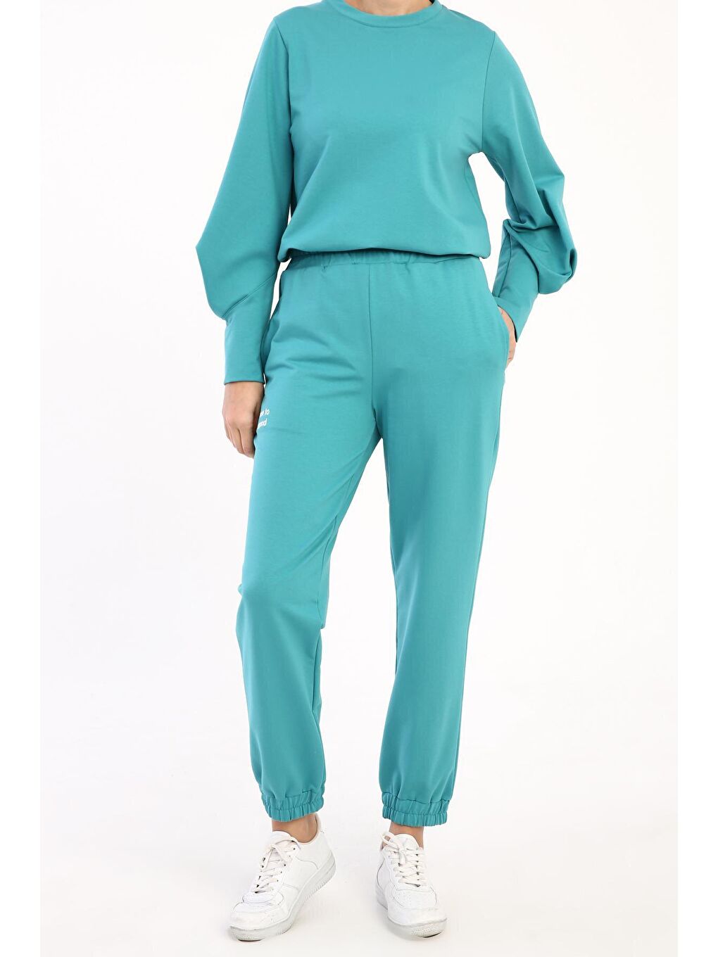 Turkuaz Aqua Paça Lastikli Nakışlı Pantolon-1