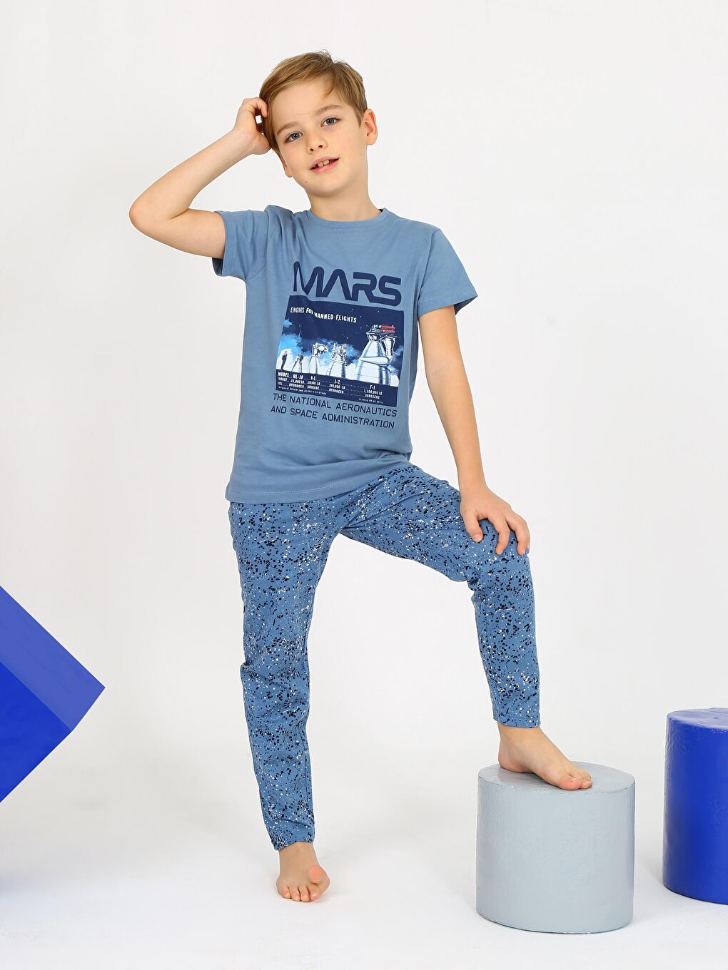 Vitmo Indigo Erkek Çocuk Kısa Kollu %100 Pamuklu Mars Space Pijama Takımı
