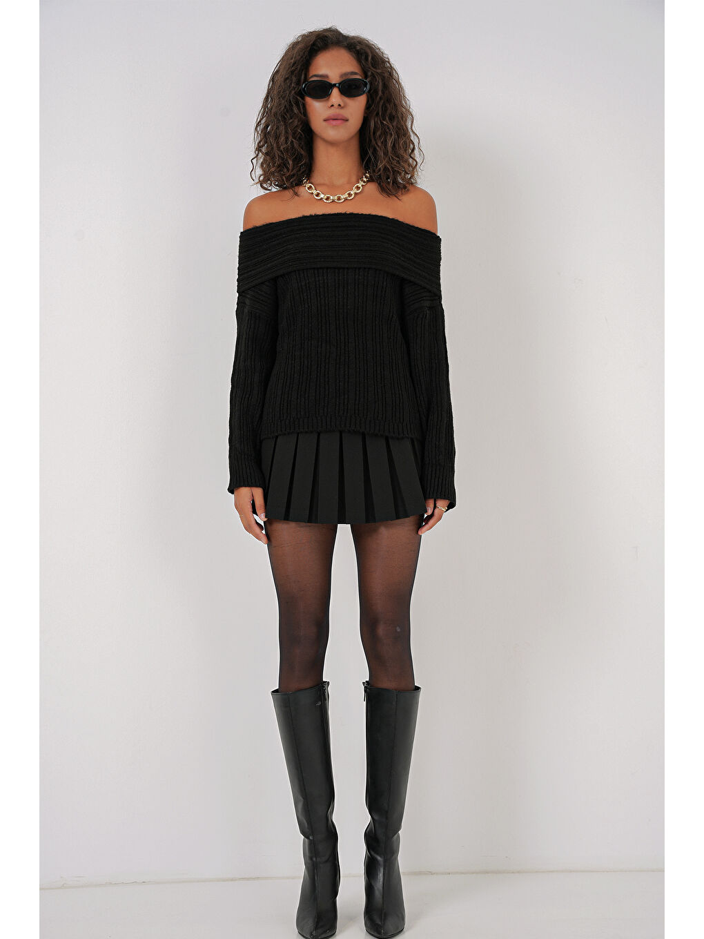 15908 Kadın Açık Omuz Oversize Triko Kazak - Siyah-1