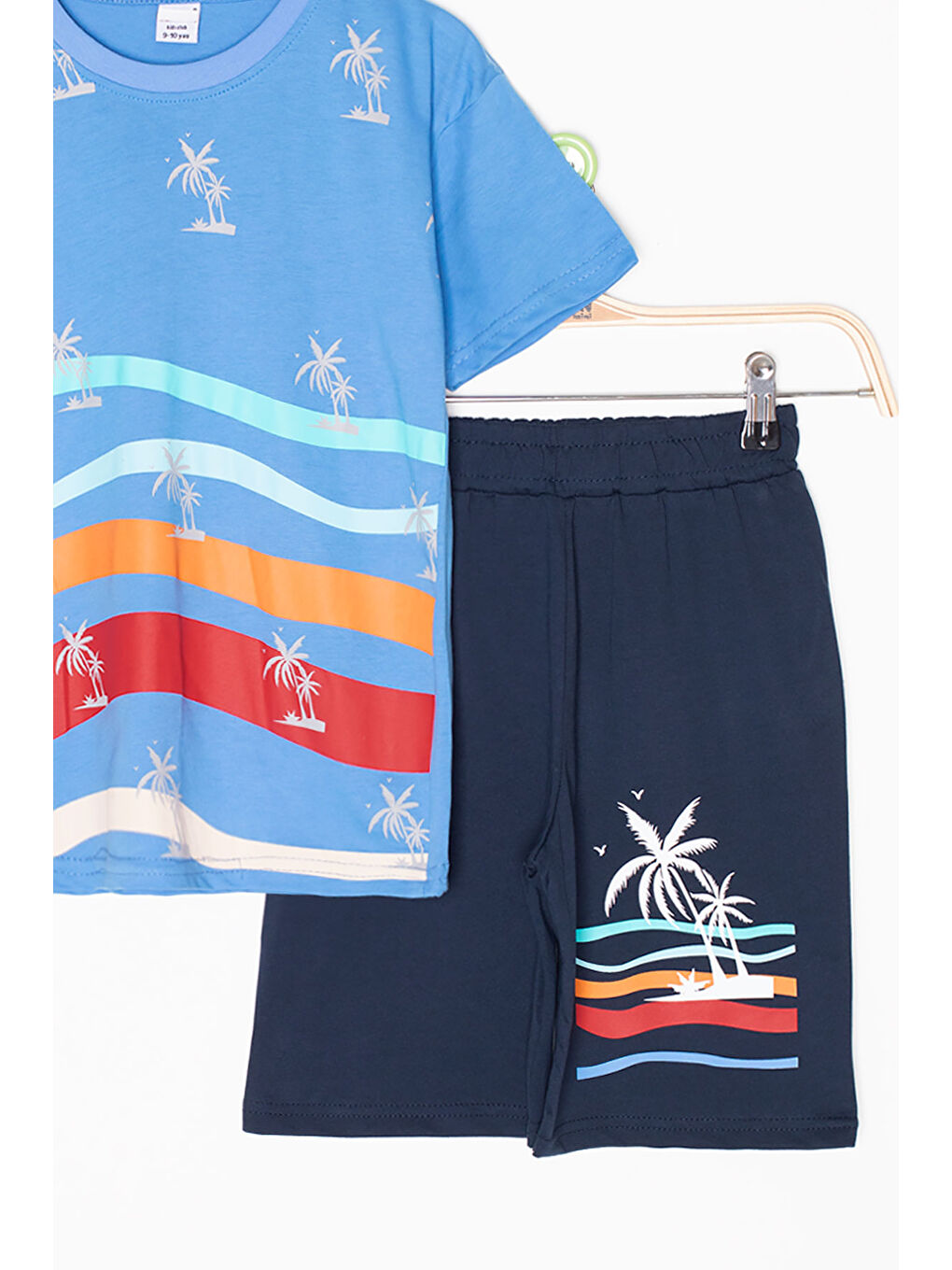 Mavi Palmiye Desenli Bisiklet Yaka Erkek Çocuk Şortlu Takım 20628-3