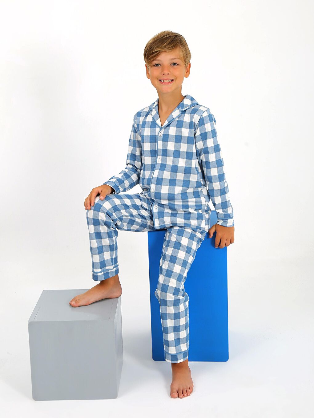 Vitmo Mavi Erkek Çocuk Uzun Kollu %100 Pamuklu Düğmeli Pijama Takımı Vita