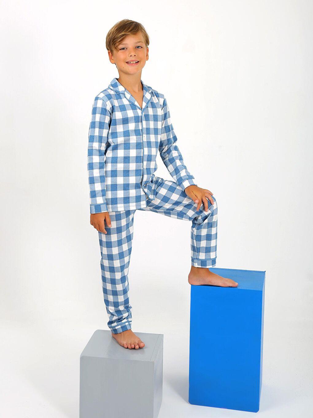Vitmo Mavi Erkek Çocuk Uzun Kollu %100 Pamuklu Düğmeli Pijama Takımı Vita - 1