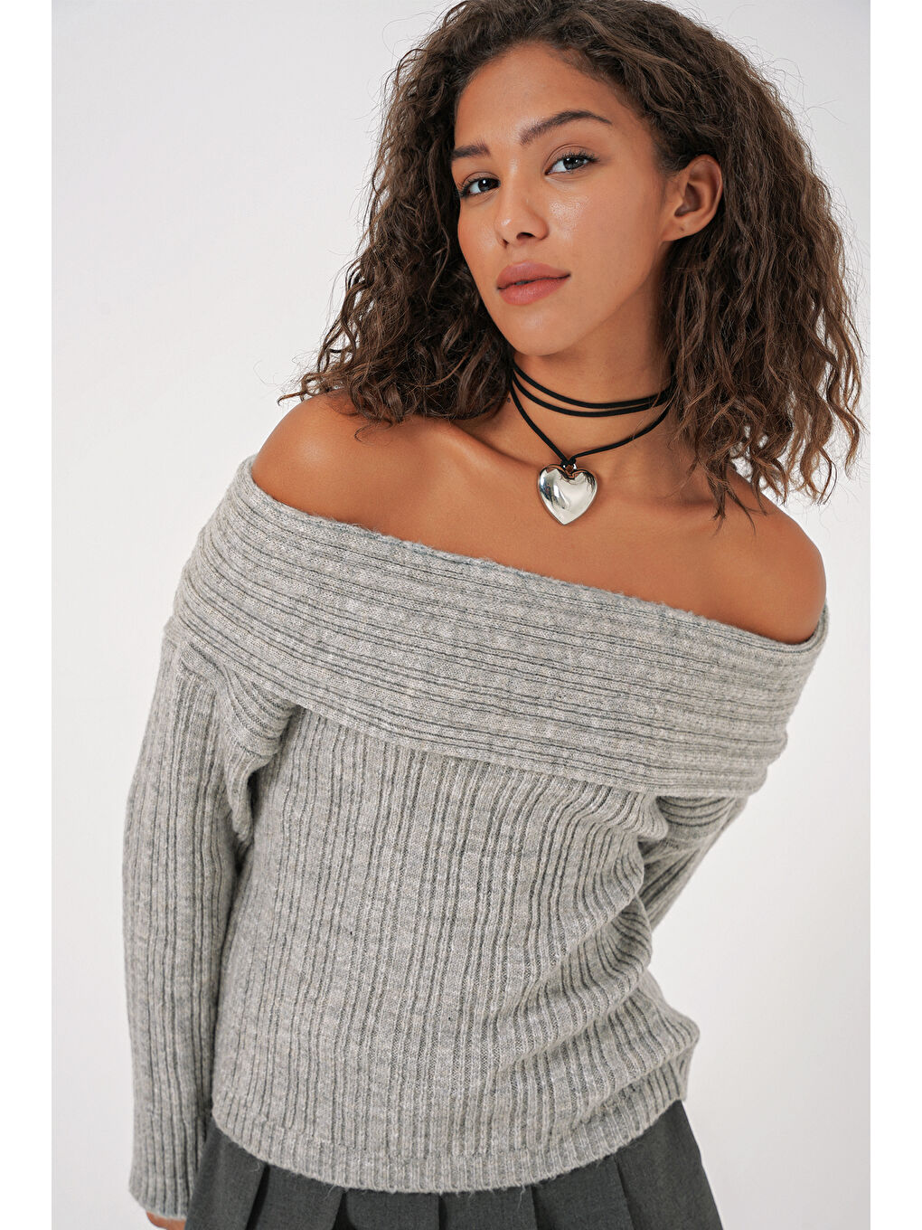 15908 Kadın Açık Omuz Oversize Triko Kazak - Gri-2