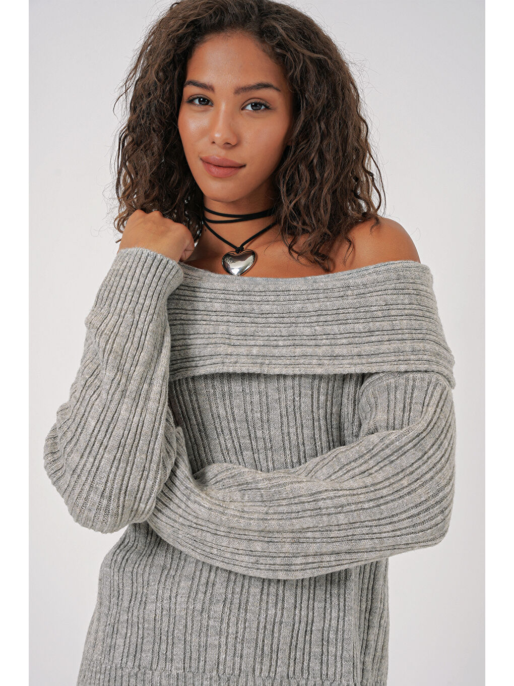 15908 Kadın Açık Omuz Oversize Triko Kazak - Gri-3
