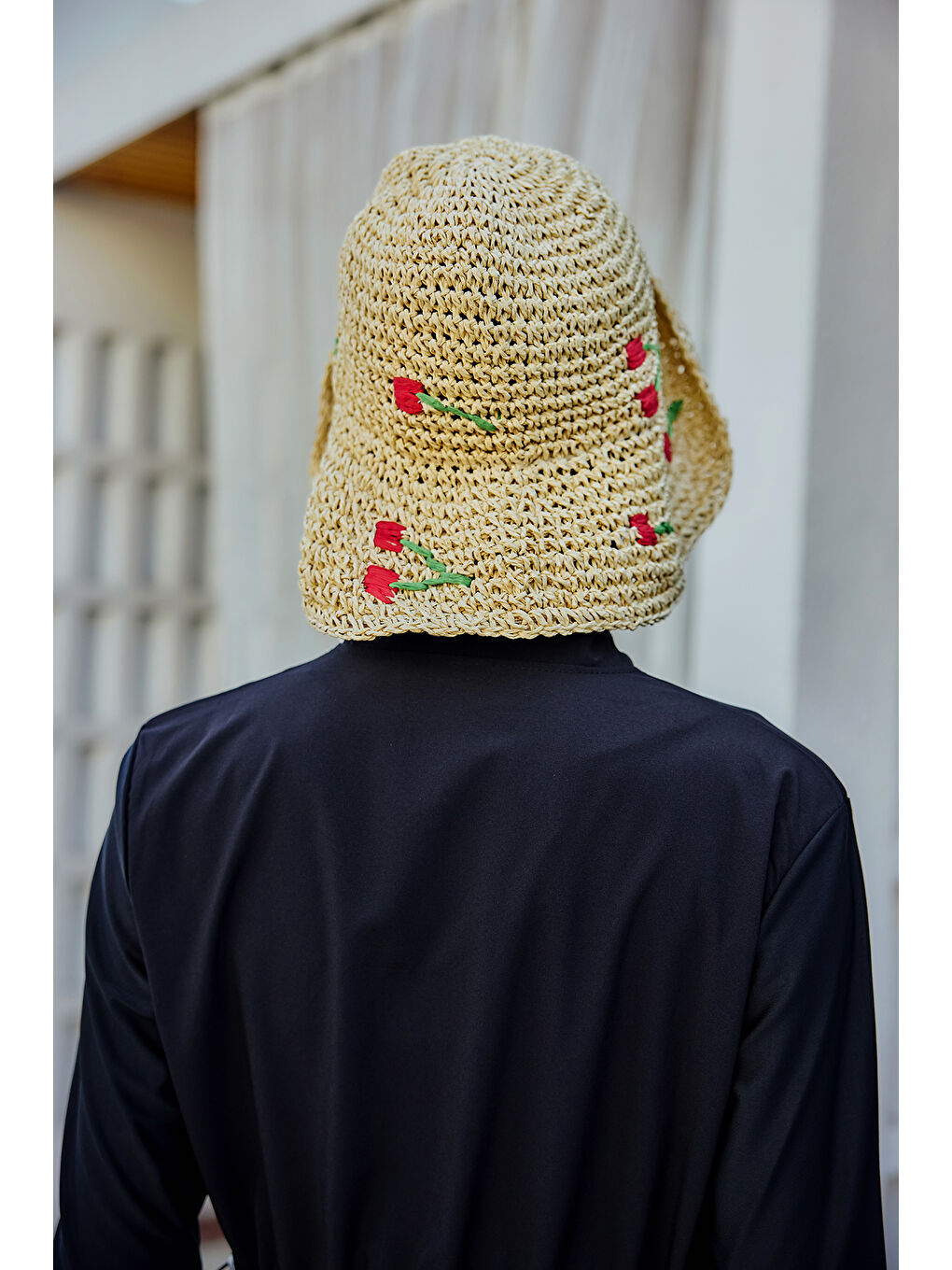 Kiraz Detaylı El Örgü Hasır Şapka Plaj Şapkası RŞ-2098 Bej-3