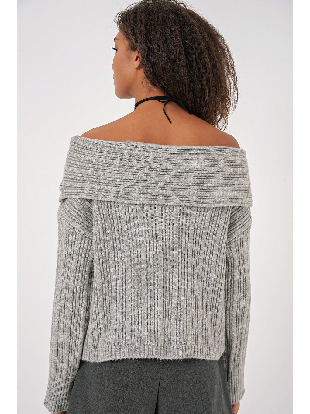15908 Kadın Açık Omuz Oversize Triko Kazak - Gri-5