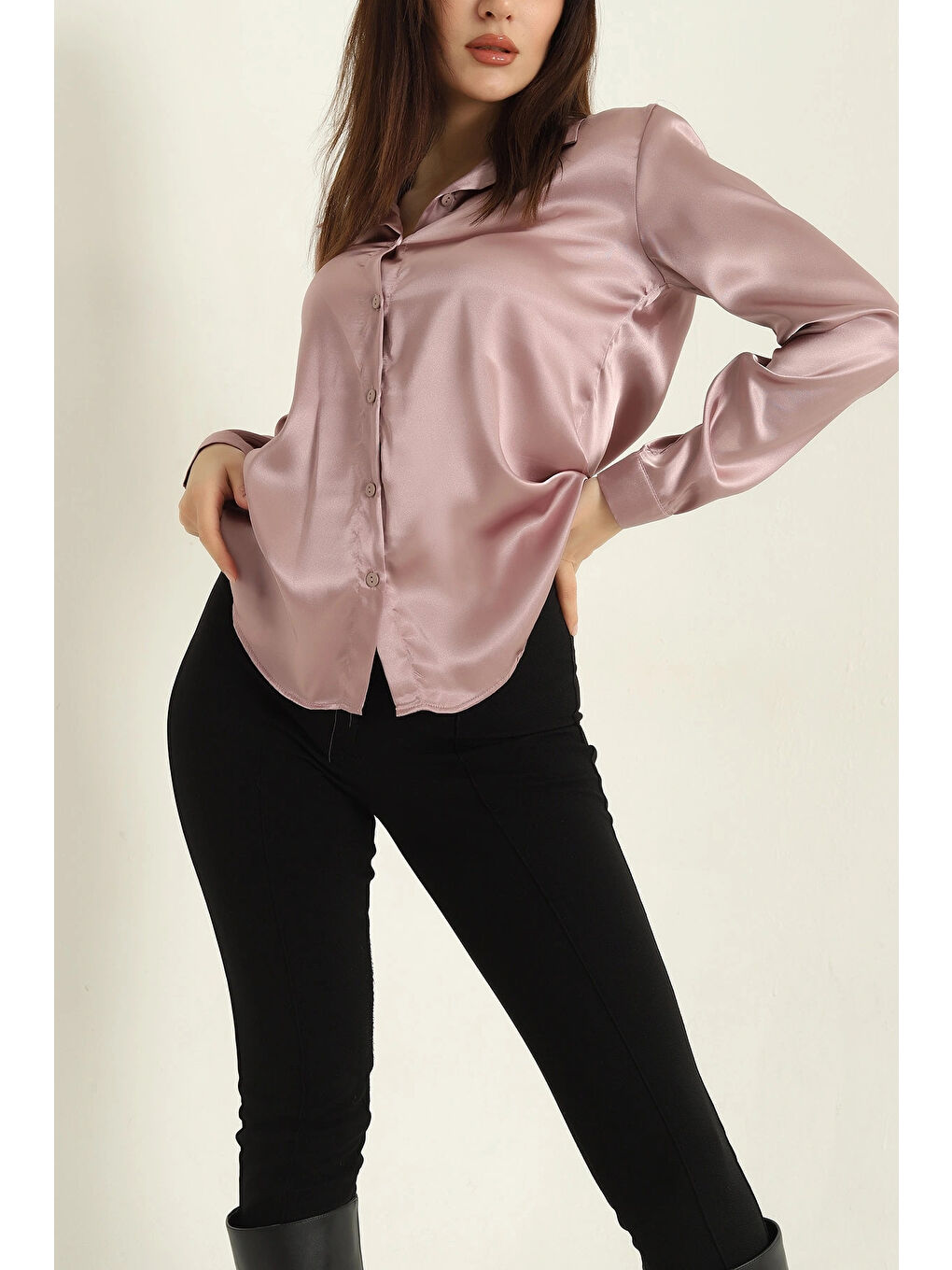Hazelin Pembe Kadın Gül Kurusu Saten Yüzeyli Tesettür Gömlek HZL25W-BD139641 - 2