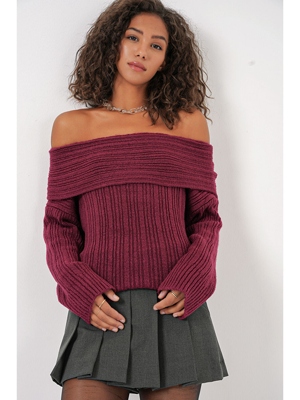 15908 Kadın Açık Omuz Oversize Triko Kazak - Bordo-3