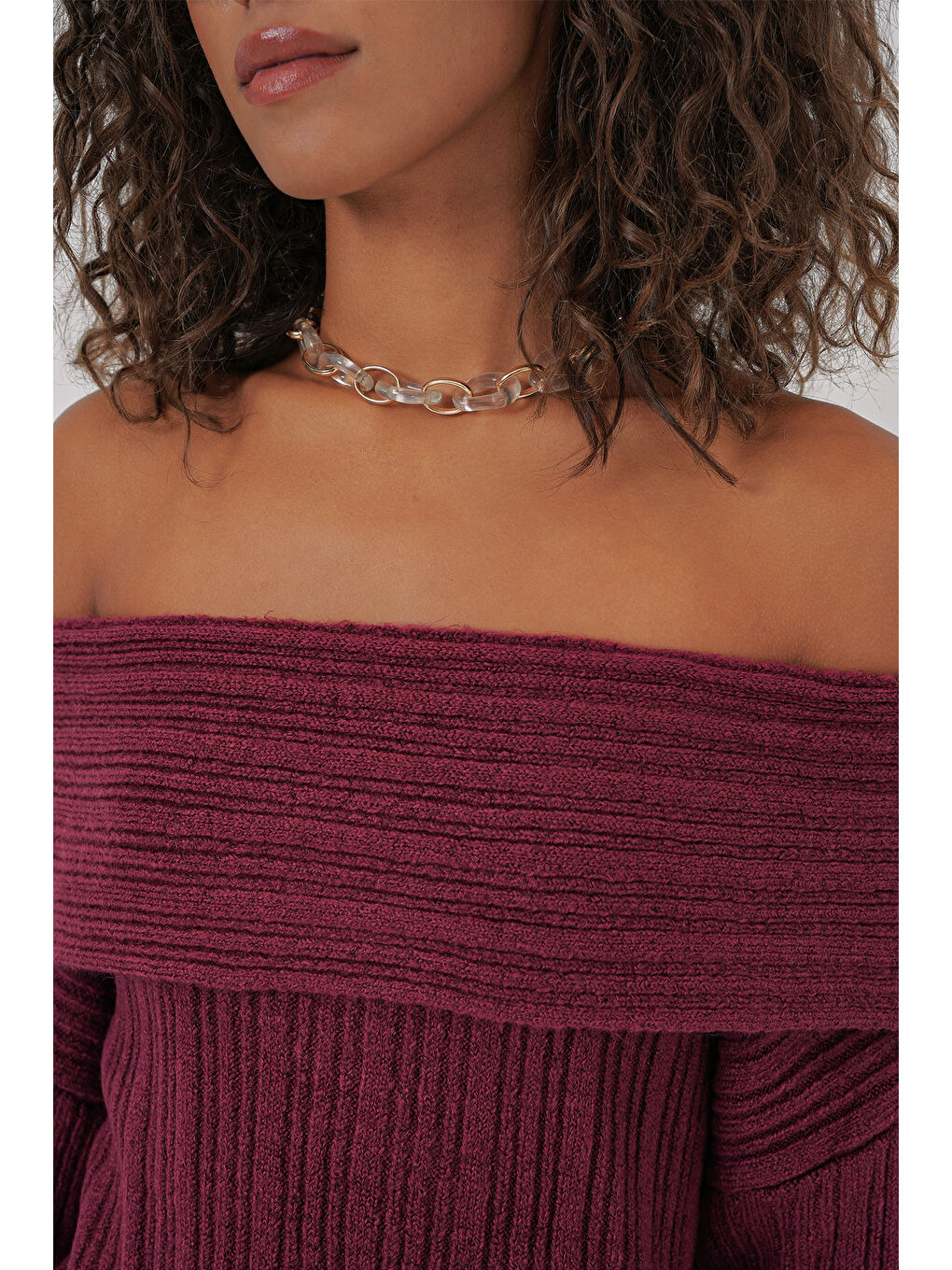 15908 Kadın Açık Omuz Oversize Triko Kazak - Bordo-4