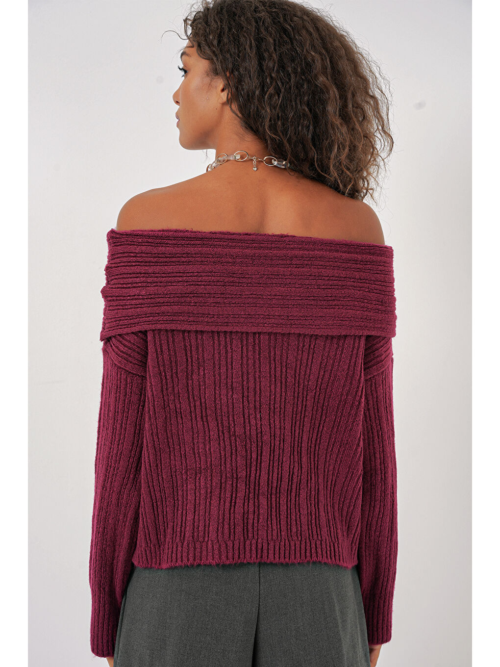 15908 Kadın Açık Omuz Oversize Triko Kazak - Bordo-5
