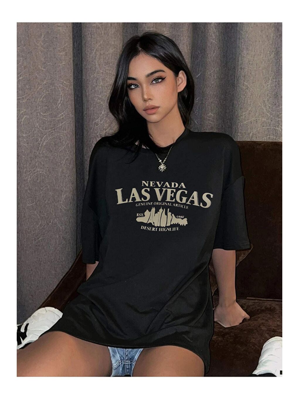 Kadın Siyah Las Vegas Baskılı Oversize Tişört