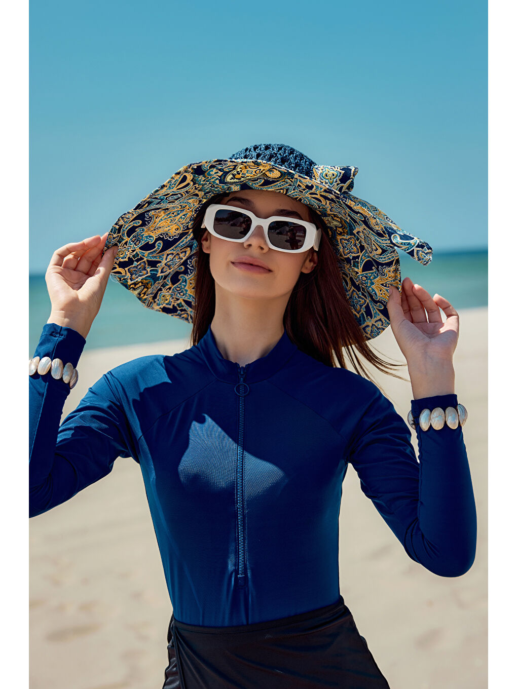 Şal Desen Kumaş ve Örme Şapka Güneş Koruyucu Plaj Şapkası RŞ-2109 Lacivert-1