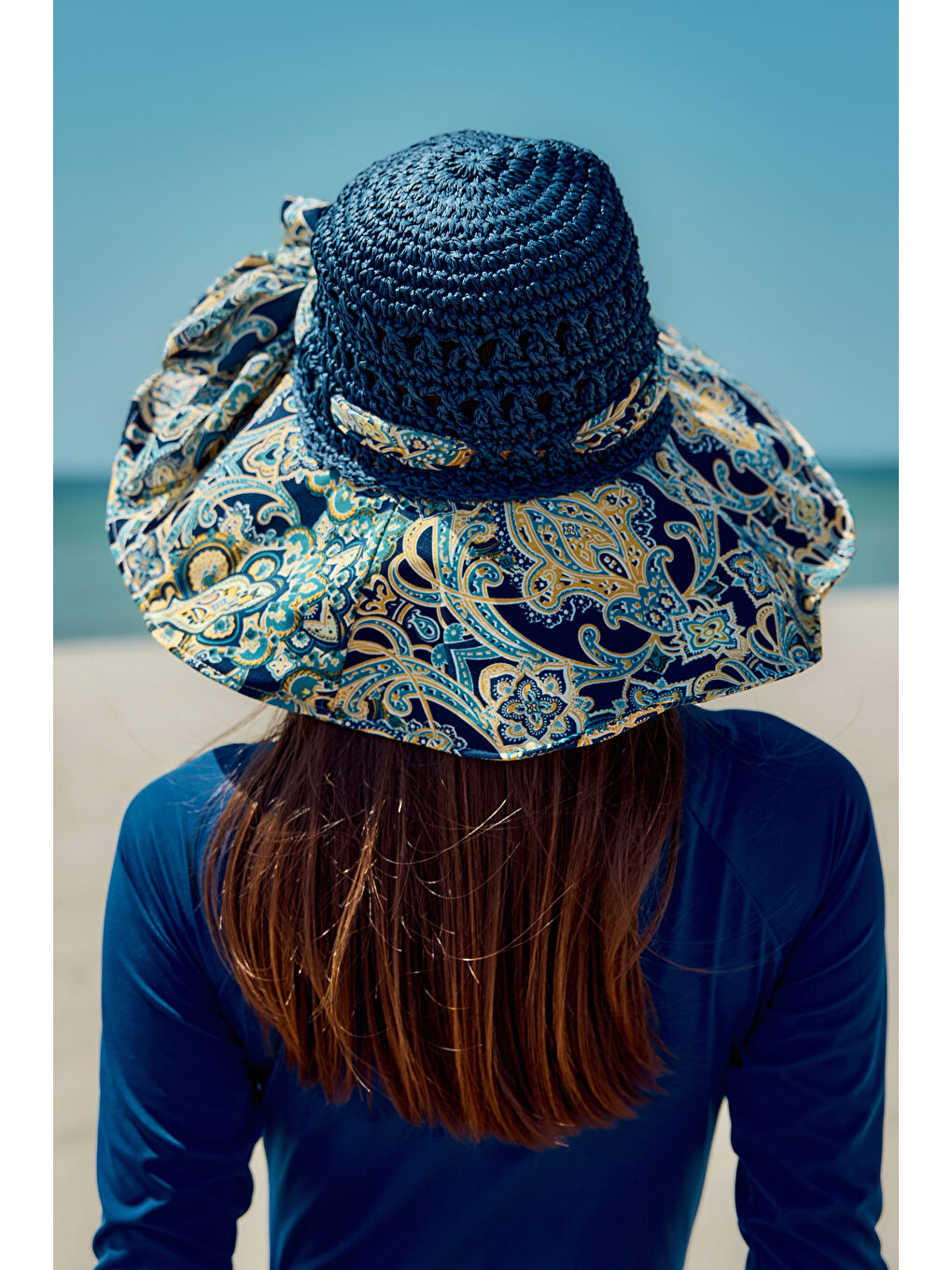 Şal Desen Kumaş ve Örme Şapka Güneş Koruyucu Plaj Şapkası RŞ-2109 Lacivert-2