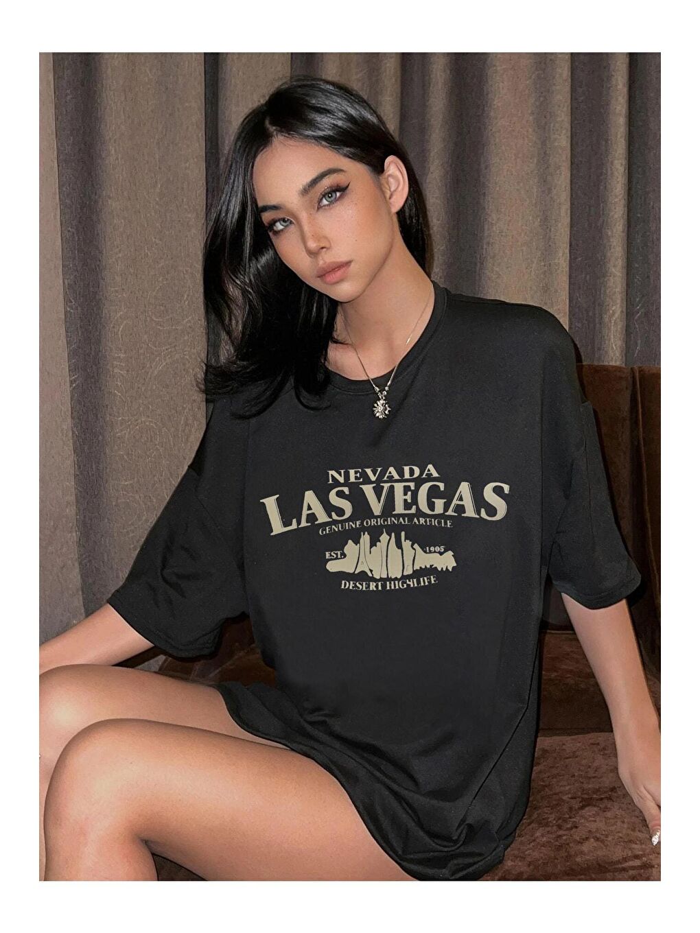 Kadın Siyah Las Vegas Baskılı Oversize Tişört-1