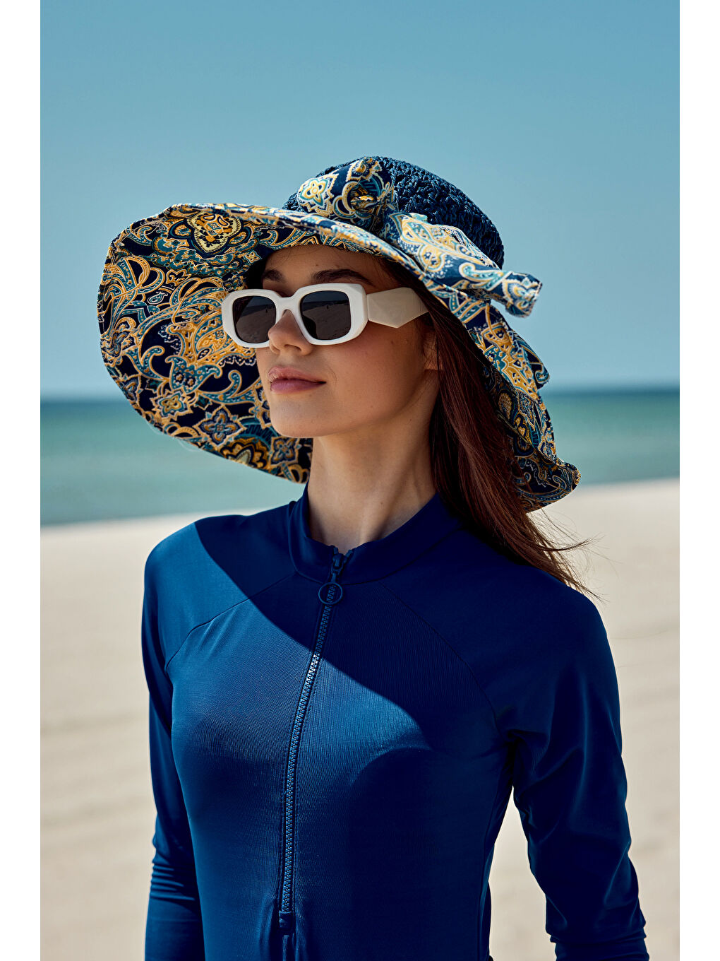Şal Desen Kumaş ve Örme Şapka Güneş Koruyucu Plaj Şapkası RŞ-2109 Lacivert-3