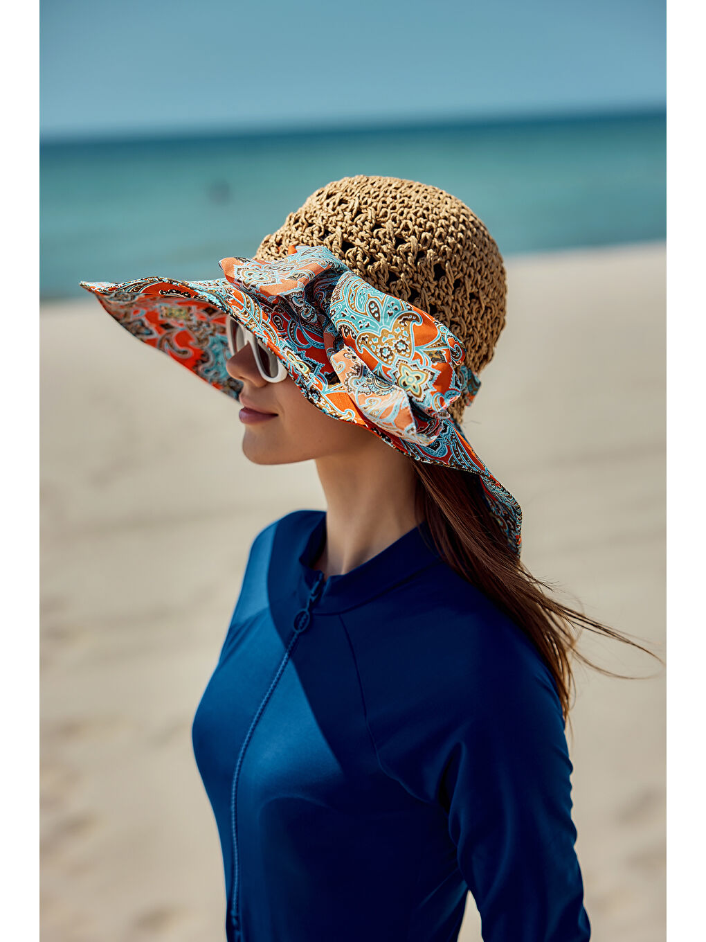 Kahverengi Şal Desen Kumaş ve Örme Şapka Güneş Koruyucu Plaj Şapkası RŞ-2109 Camel-1