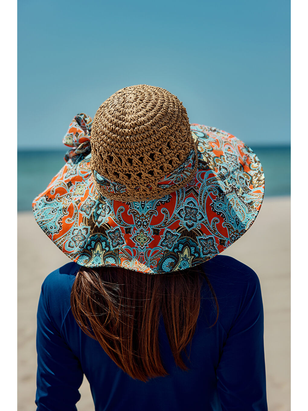 Kahverengi Şal Desen Kumaş ve Örme Şapka Güneş Koruyucu Plaj Şapkası RŞ-2109 Camel-2