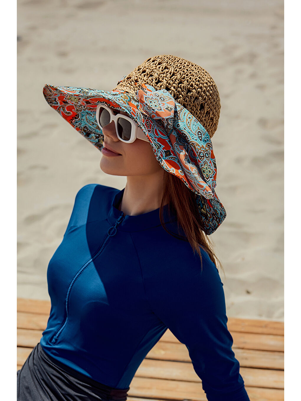 Kahverengi Şal Desen Kumaş ve Örme Şapka Güneş Koruyucu Plaj Şapkası RŞ-2109 Camel-3