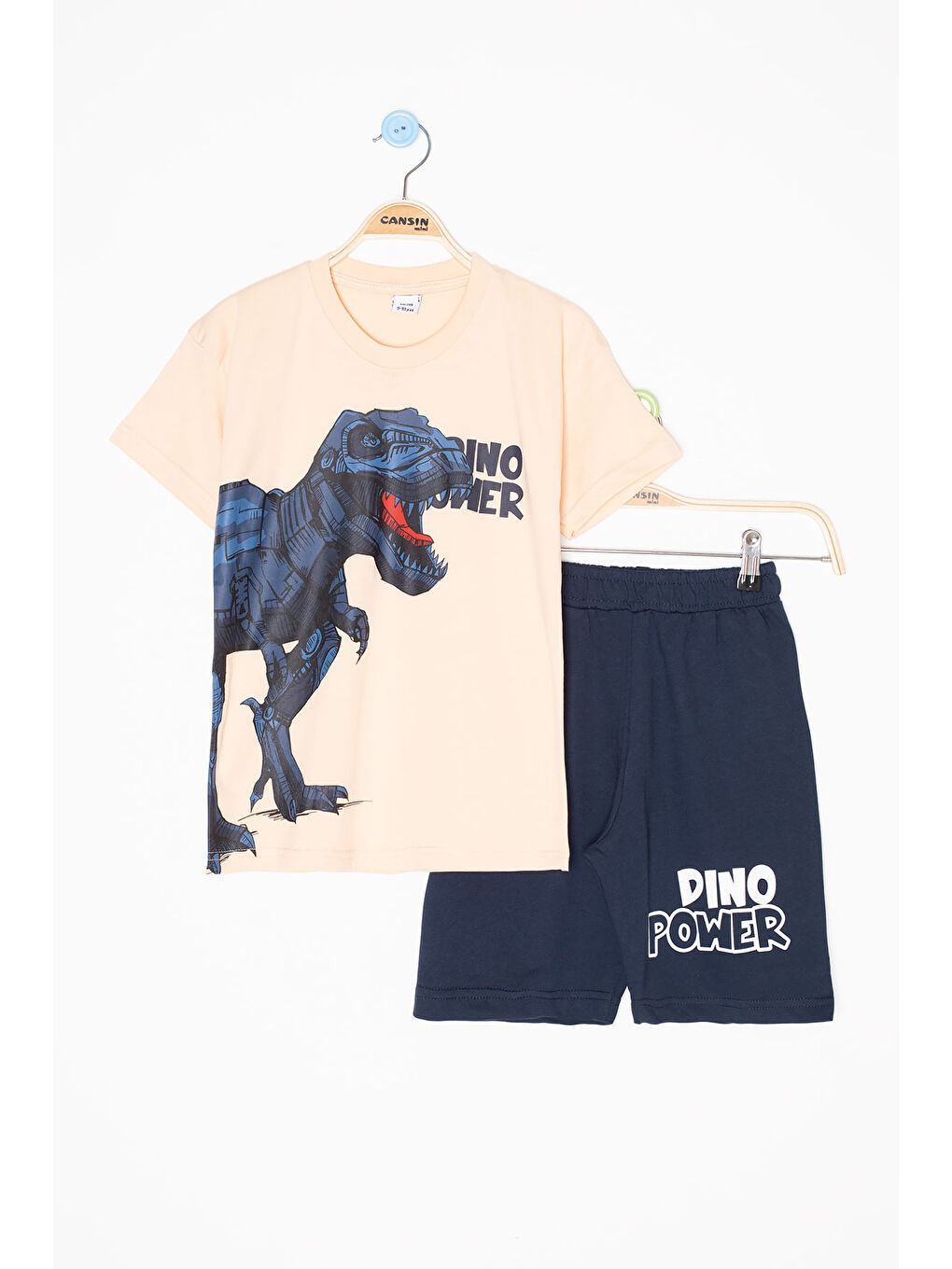 Ekru Krem Dino Baskılı Yazılı Erkek Çocuk Şortlu Alt Üst Takım 20622