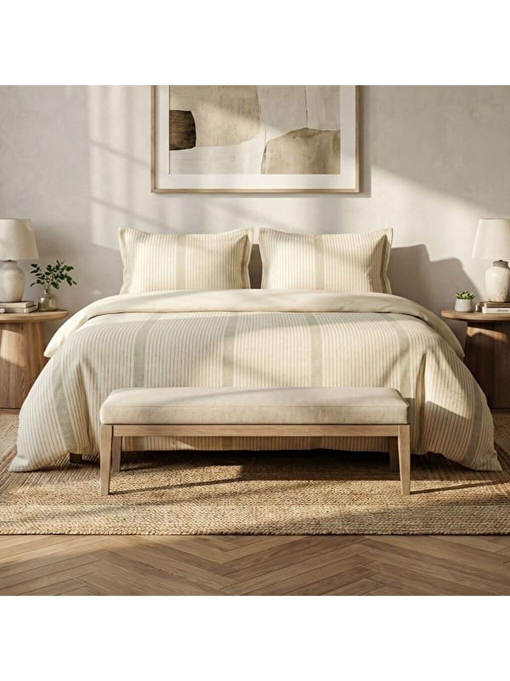 Soft Ciro İpliği Boyalı Çift Kişilik Nevresim Takımı - Krem / Yeşil