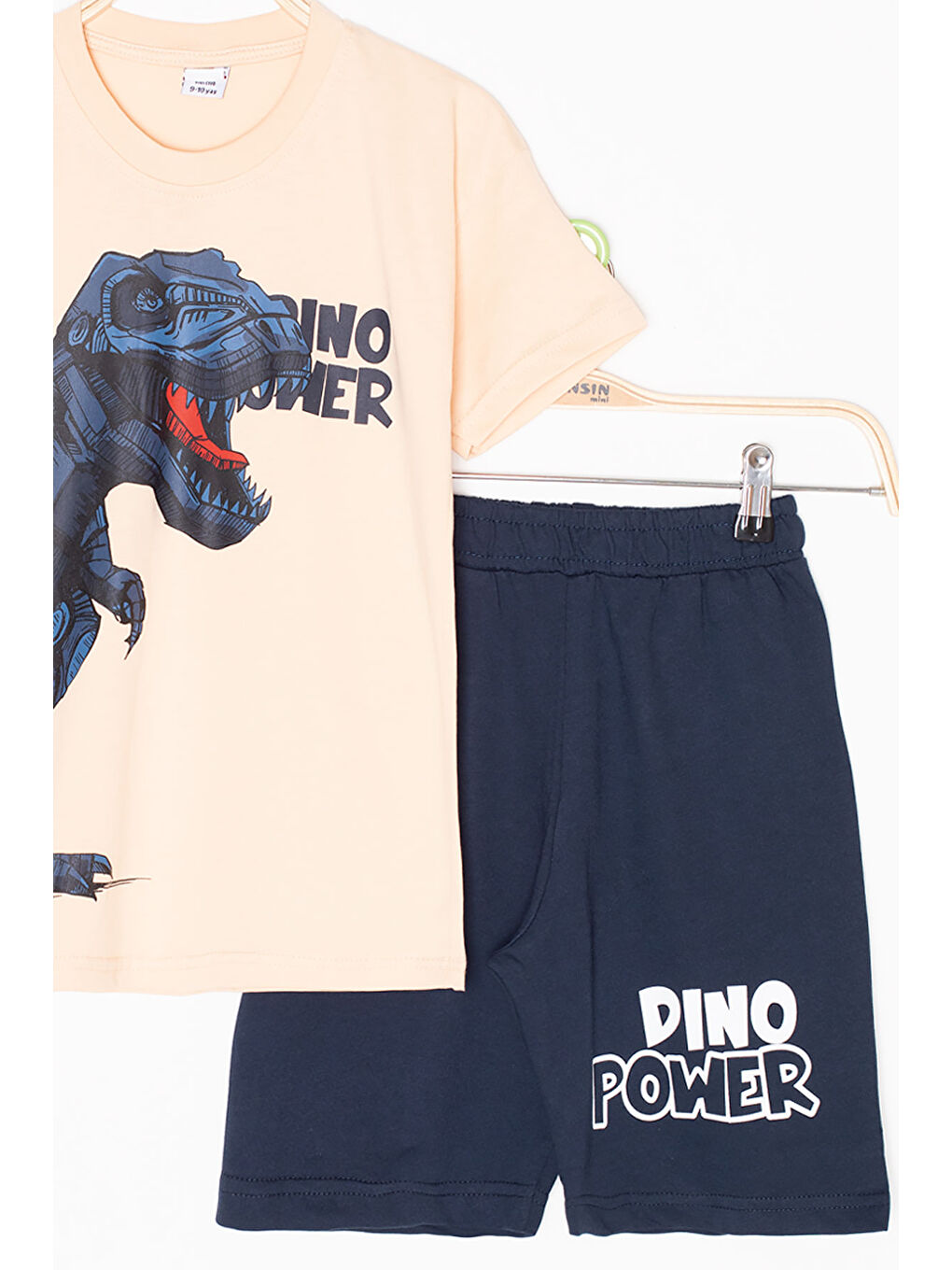 Ekru Krem Dino Baskılı Yazılı Erkek Çocuk Şortlu Alt Üst Takım 20622-3