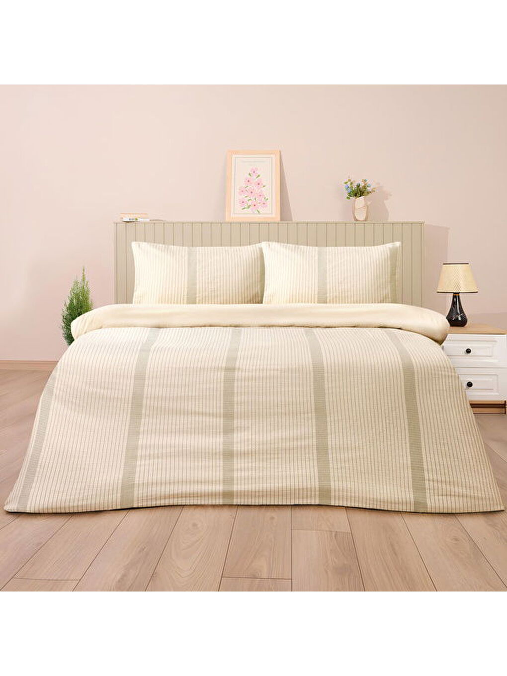 Soft Ciro İpliği Boyalı Çift Kişilik Nevresim Takımı - Krem / Yeşil-4