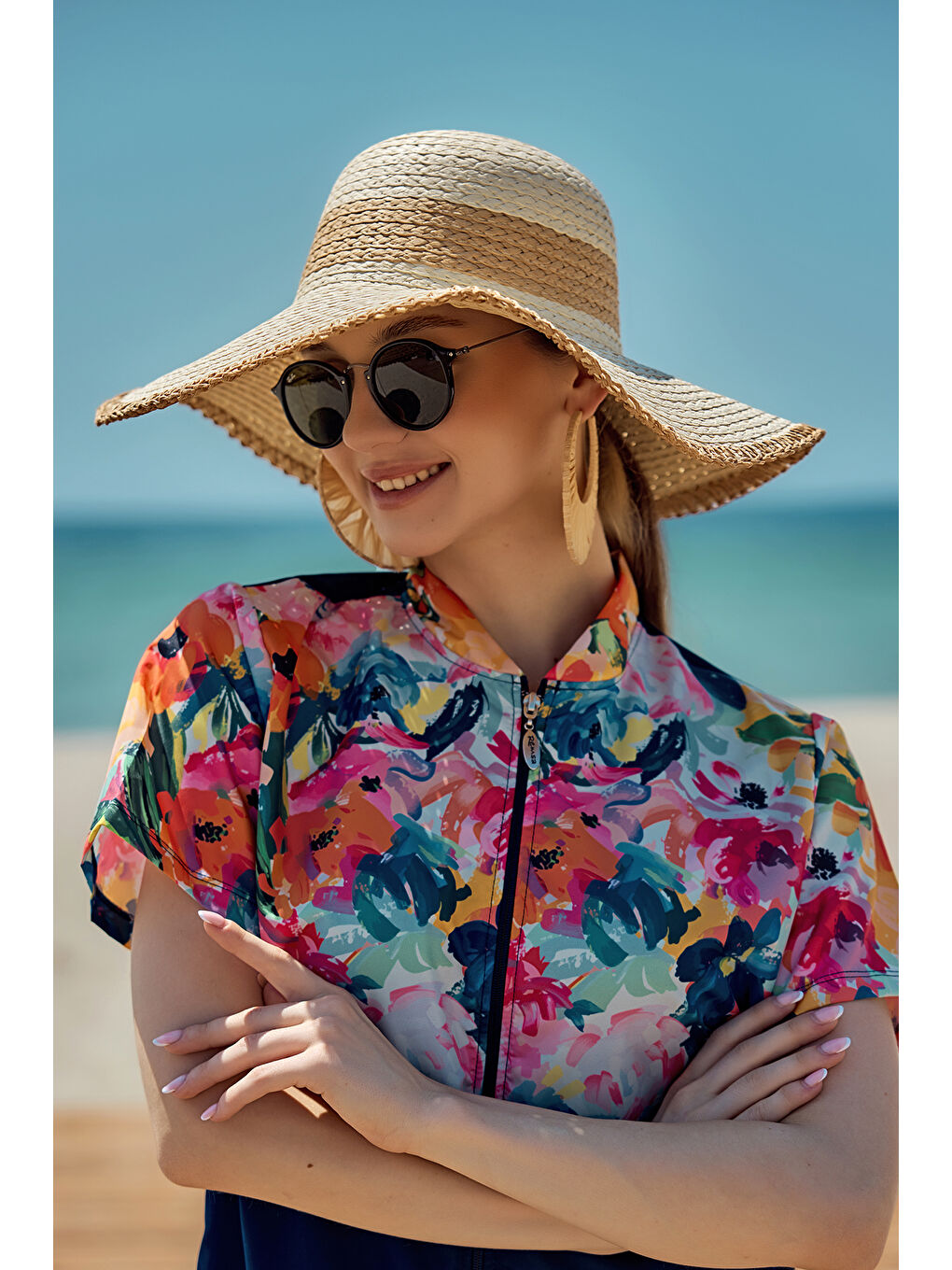 Zigzag Şerit Detaylı Hasır Plaj Şapkası RŞ-2103 Bej03-2