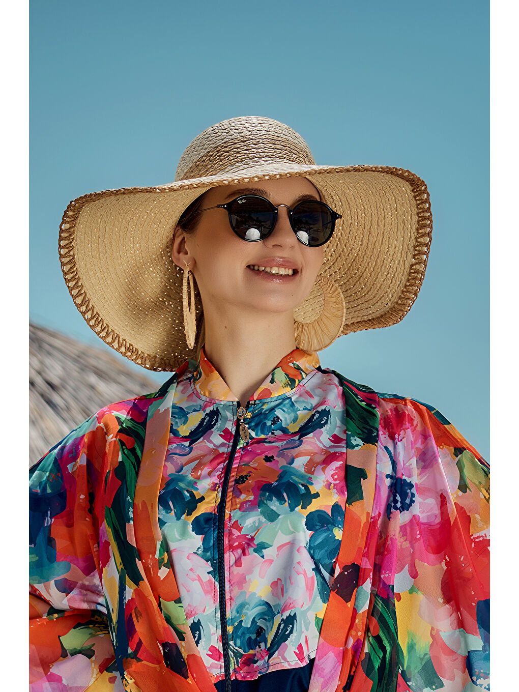 Zigzag Şerit Detaylı Hasır Plaj Şapkası RŞ-2103 Bej03-3