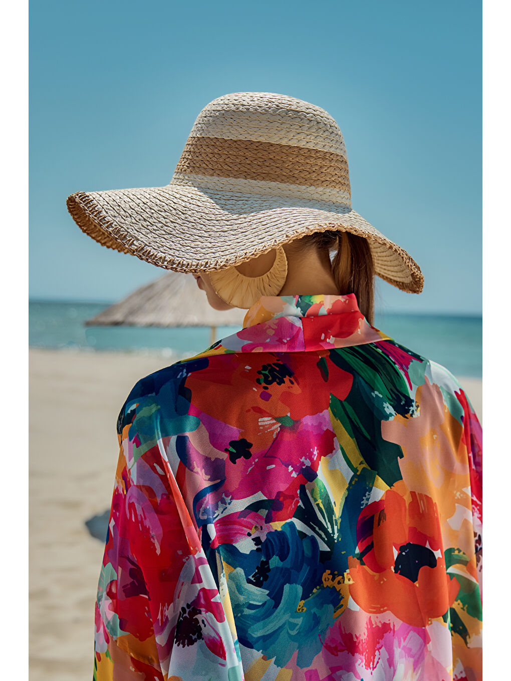 Zigzag Şerit Detaylı Hasır Plaj Şapkası RŞ-2103 Bej03-4