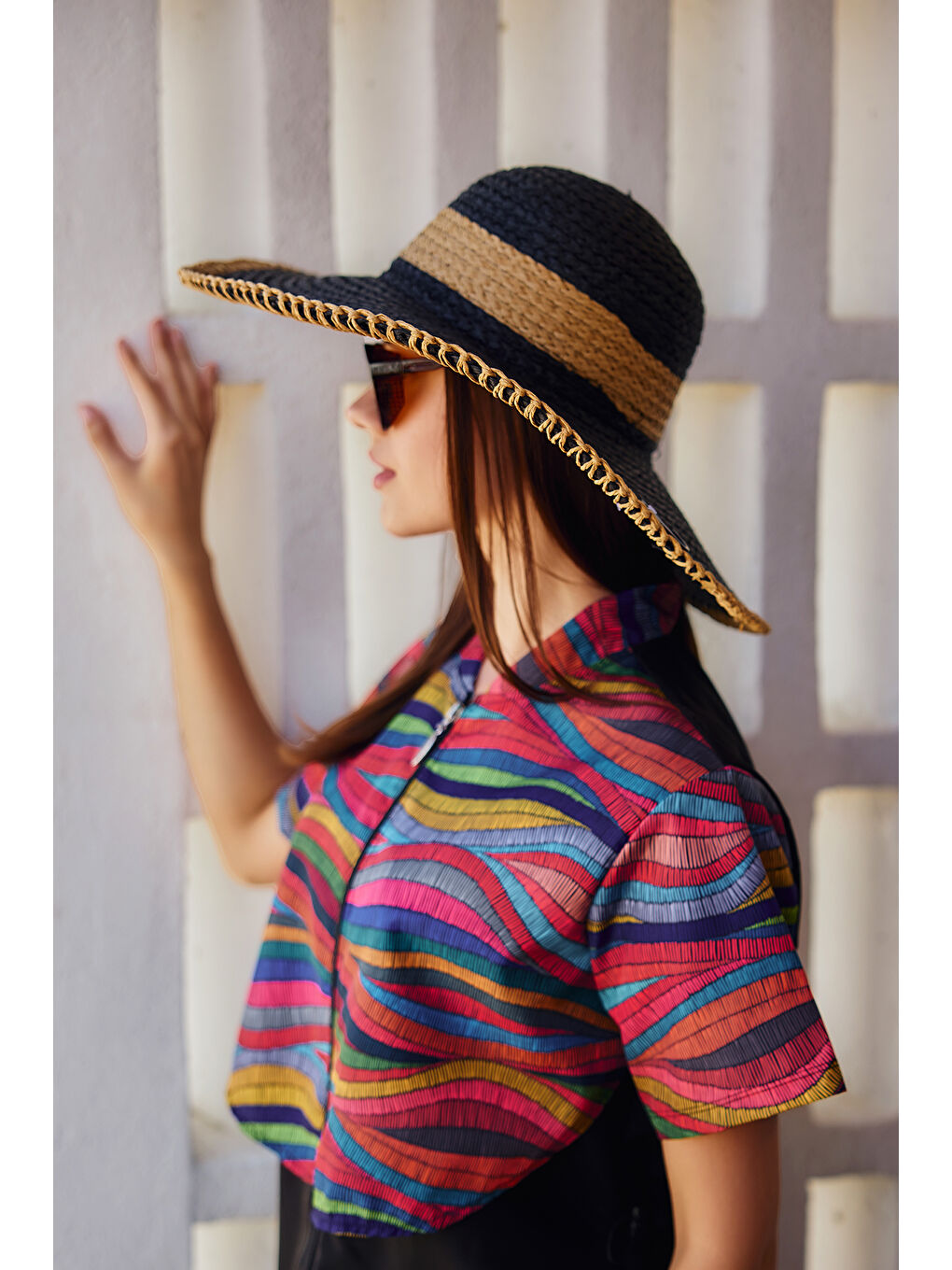 Zigzag Şerit Detaylı Hasır Plaj Şapkası RŞ-2103 Siyah03