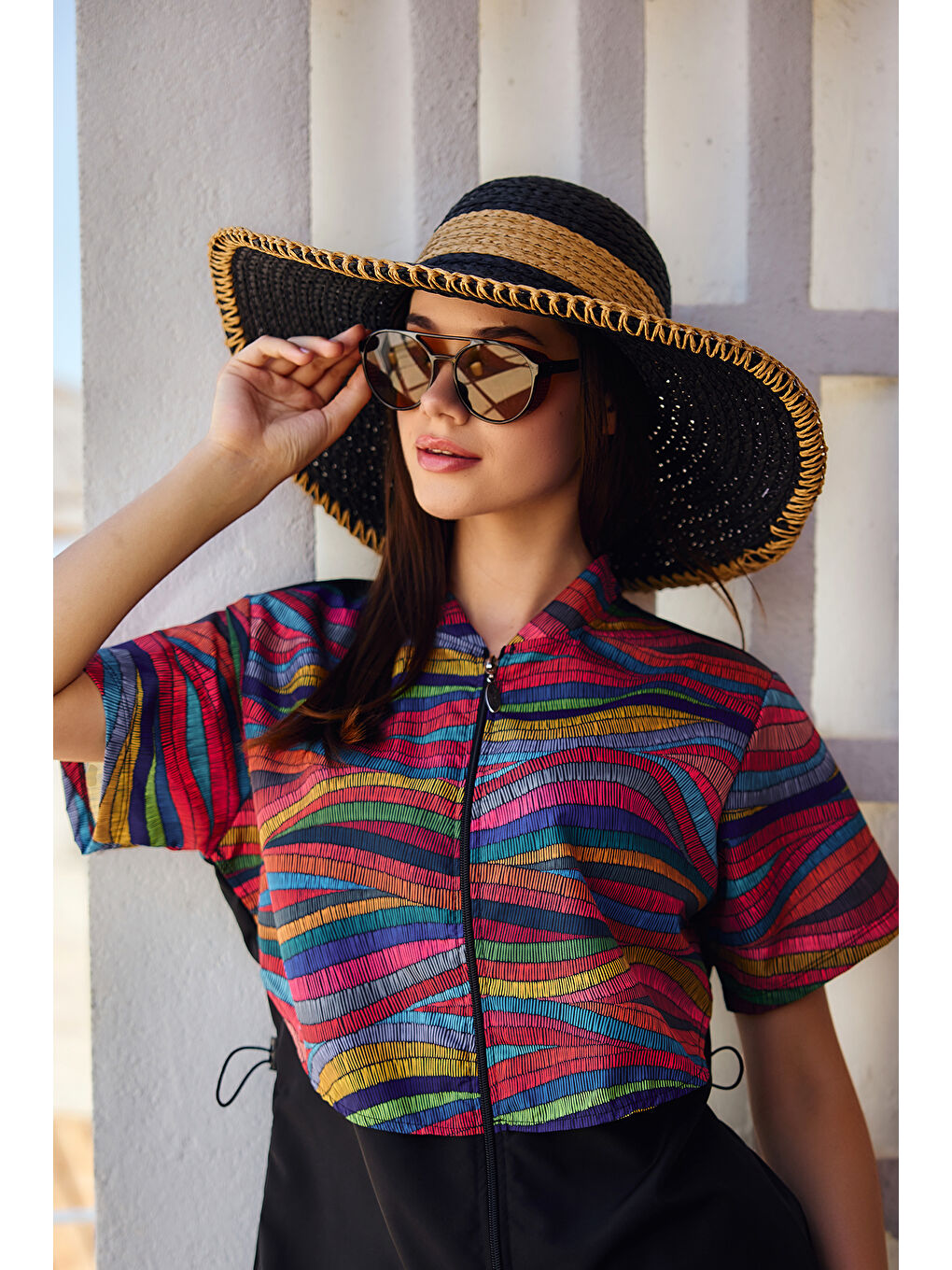 Zigzag Şerit Detaylı Hasır Plaj Şapkası RŞ-2103 Siyah03-1