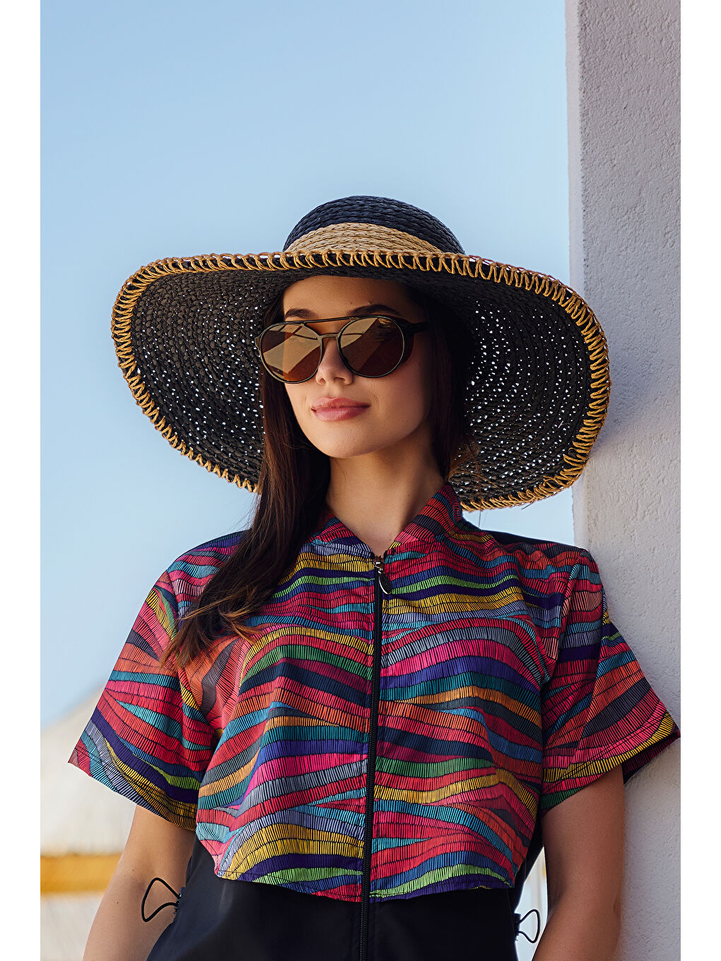 Zigzag Şerit Detaylı Hasır Plaj Şapkası RŞ-2103 Siyah03-2