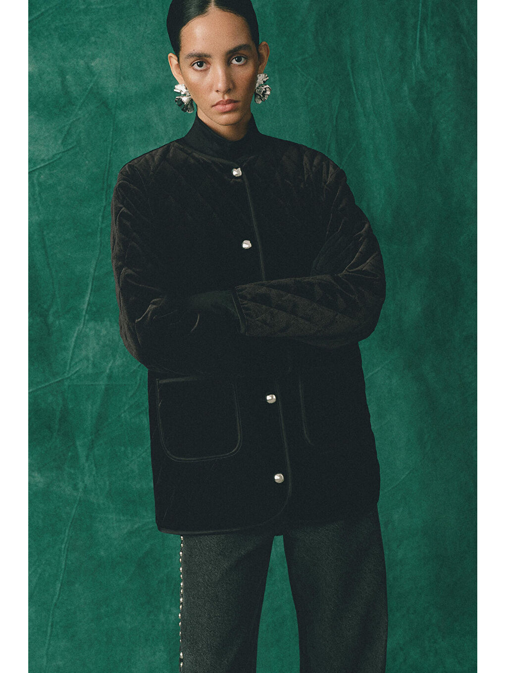 Siyah Kapitone Kadife Ceket-5