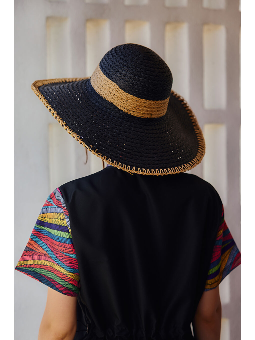 Zigzag Şerit Detaylı Hasır Plaj Şapkası RŞ-2103 Siyah03-3